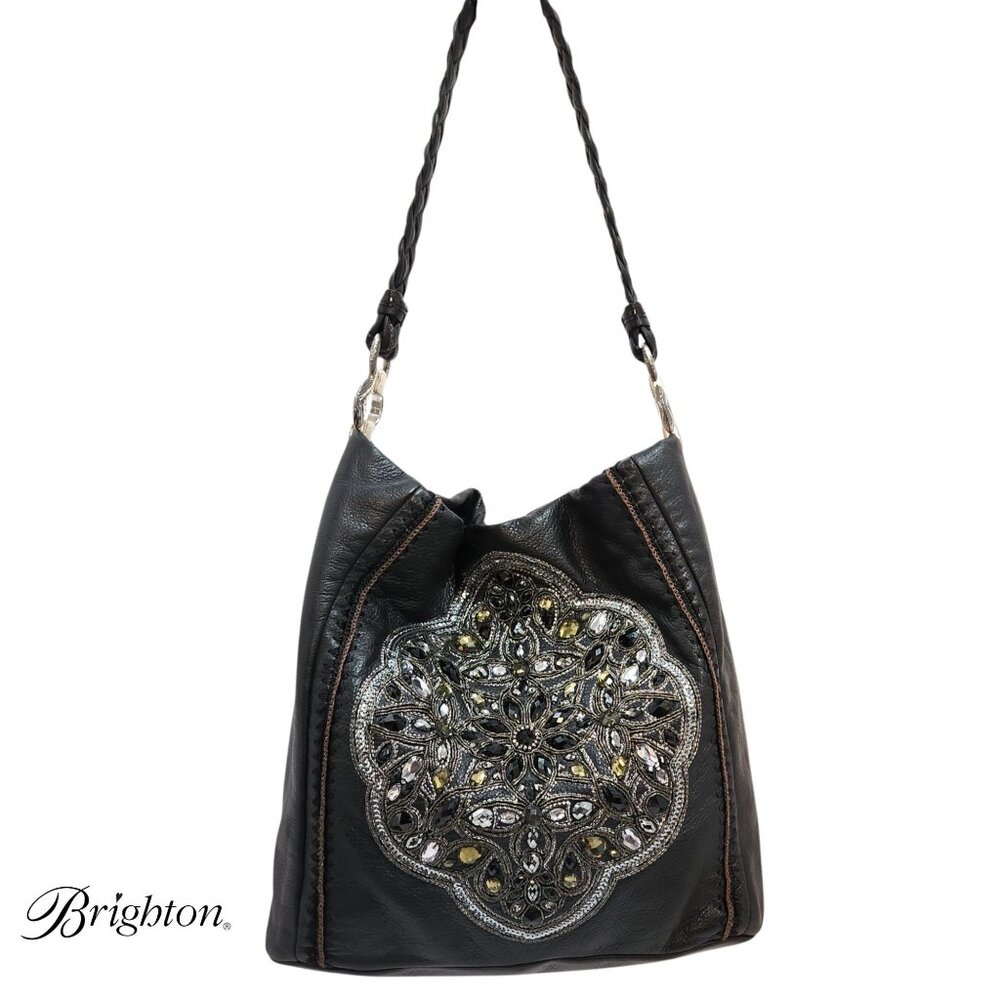 Brighton Anju Masterpiece Collection Beaded Jeweled Leather Bucket Bag Black